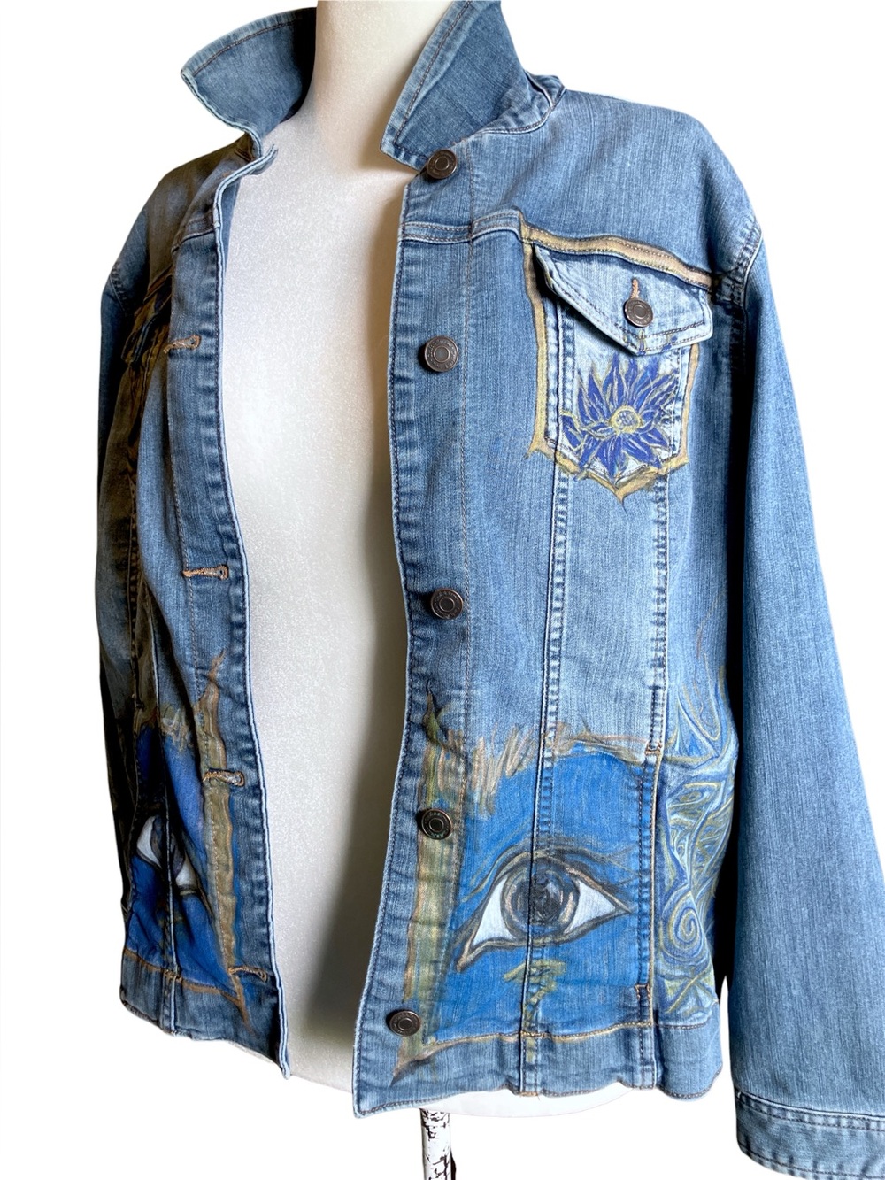 Hand-Painted Blue Third-Eye Goddess Denim Jacket size XL - Picture 2 of 8